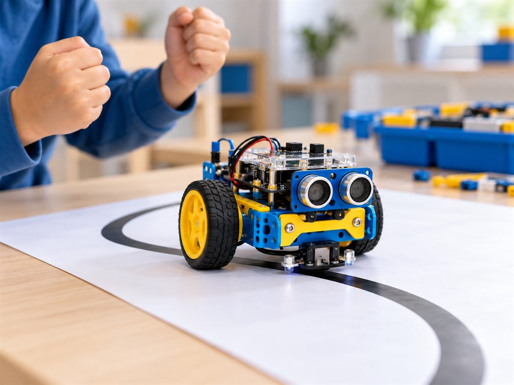 Kağıt üzerindeki siyah çizgiyi izleyen sensörlü robot araç, arkada sevinen bir çocuk