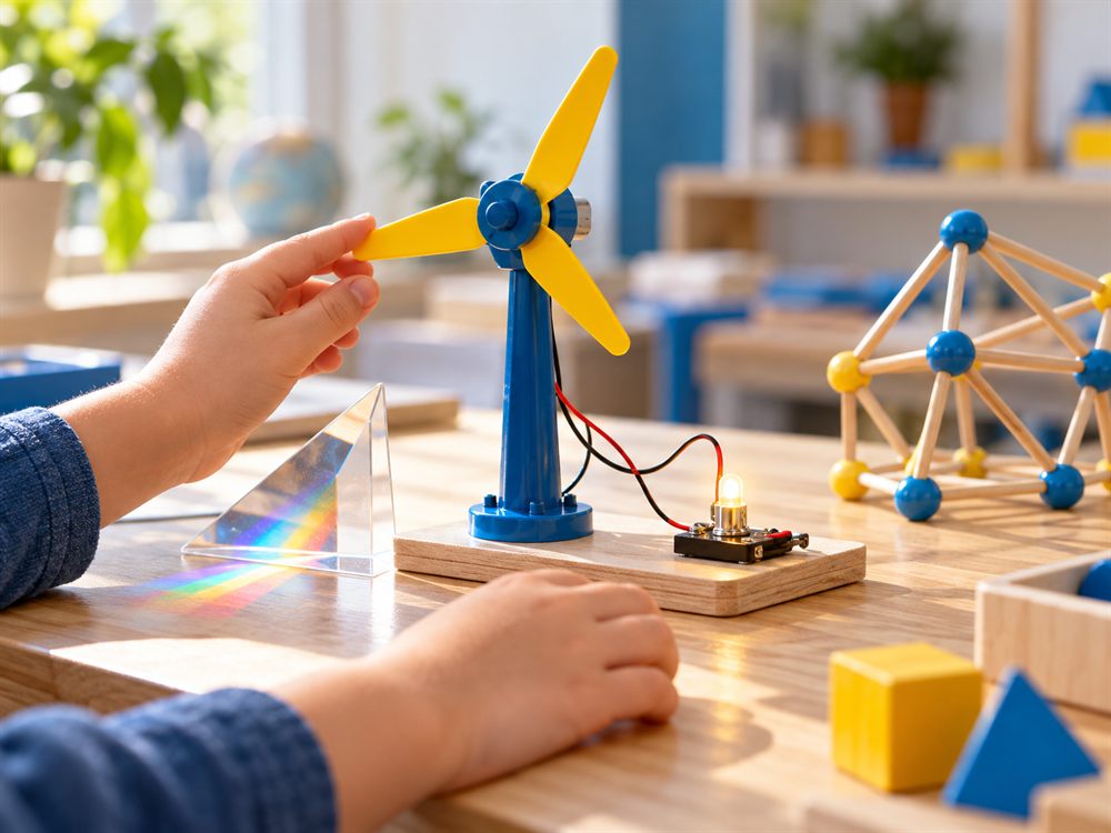 Lambayı yakan küçük rüzgâr türbini modeli, prizma ve geometrik çubuk yapı