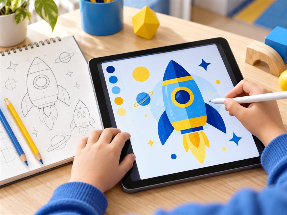 Defterdeki roket eskizinin tablette kalemle renkli çizime dönüştürülmesi