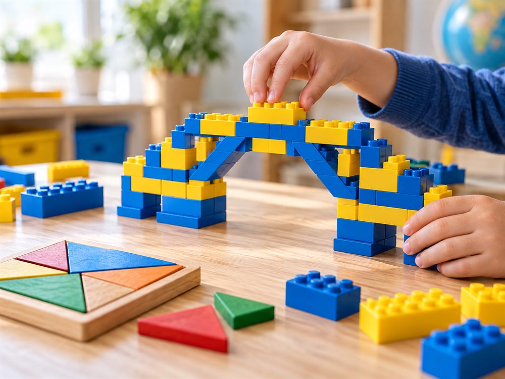 Mavi ve sarı yapı parçalarından köprü kuran eller, yanda renkli tangram parçaları
